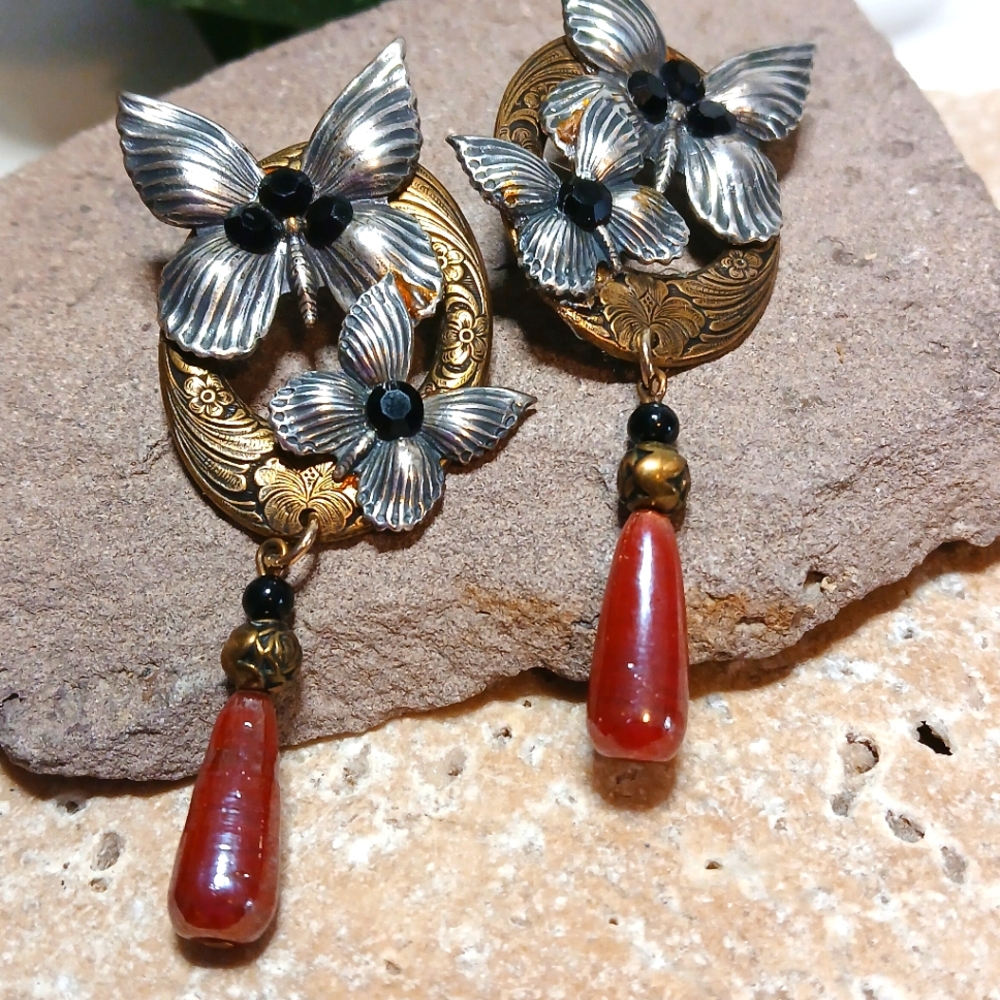 OOAK Artisan Butterfly and Beads Dangle Drop Earrings Posts